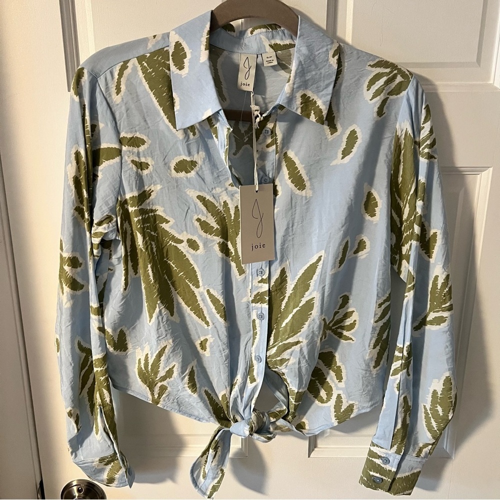 Joie Blue & Green Tropical Leaf Print Collared Tie-Front Crop Blouse size S NEW